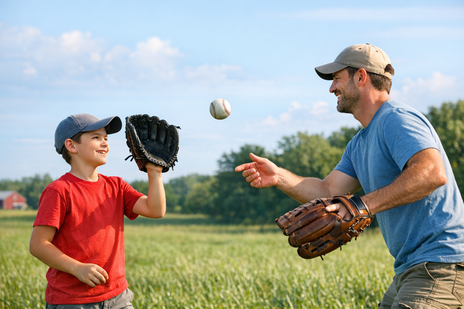 A father and son playing catch with baseball
